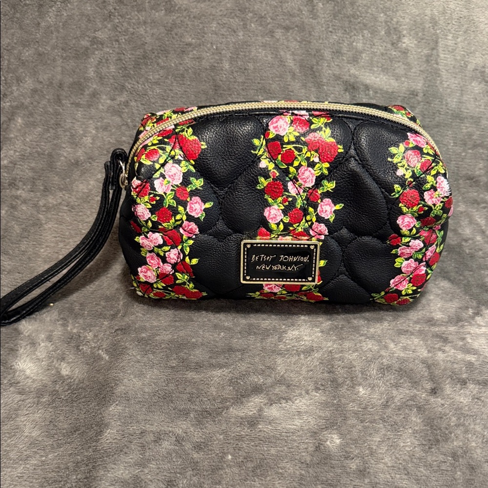 Betsey Johnson Black Quilted Wristlet with Pink & Red Rose Print